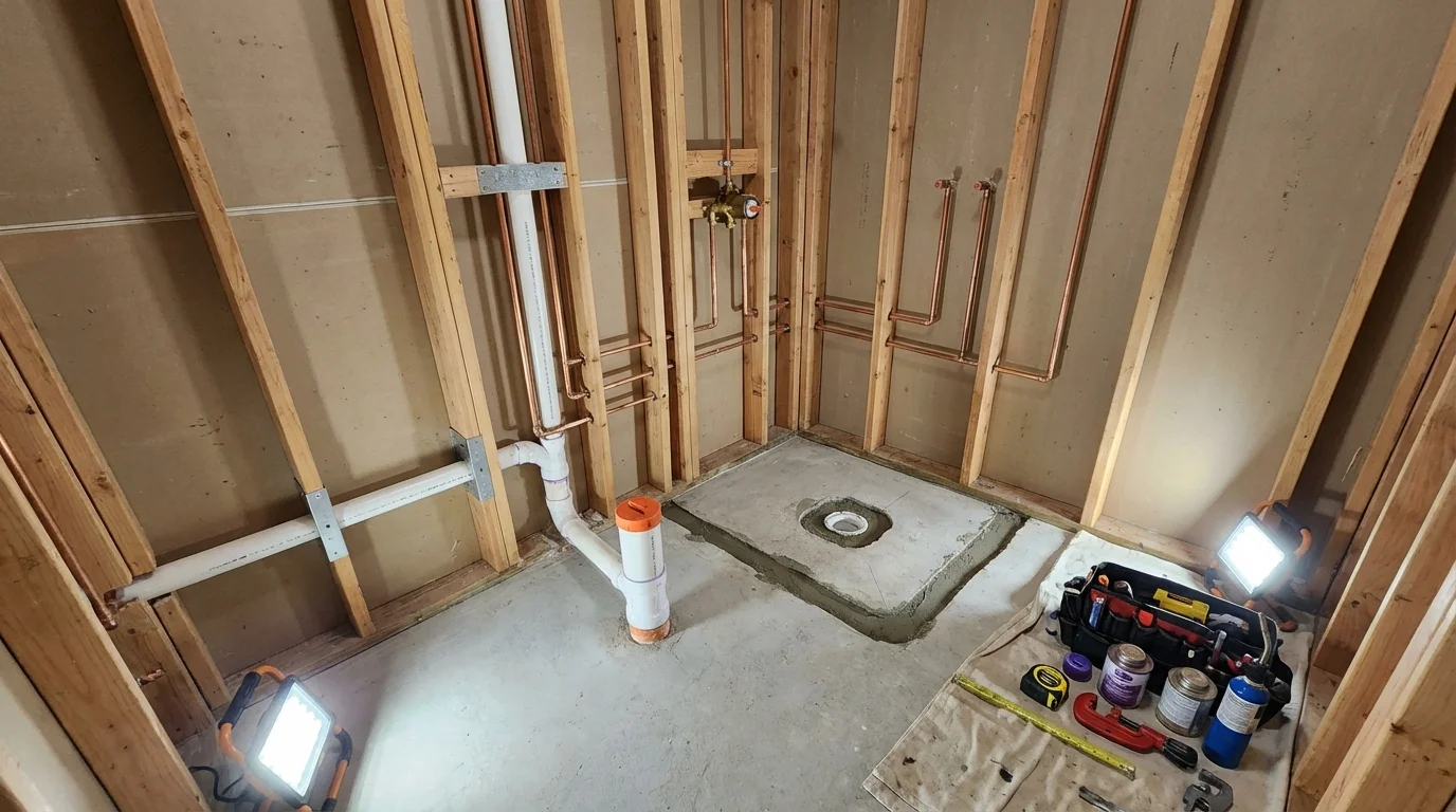 Bathroom rough-in plumbing during remodel by Johns Plumbing LLC in Kill Devil Hills