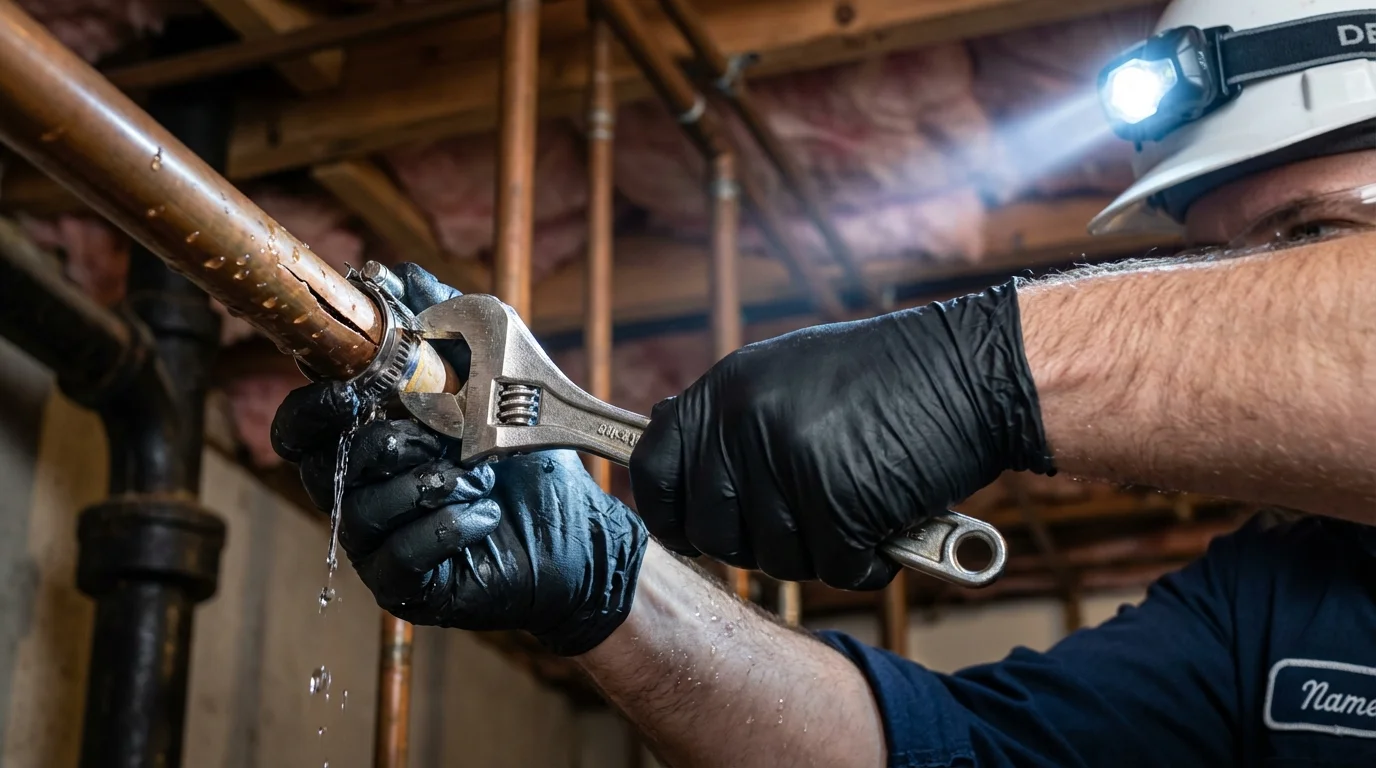 Emergency pipe clamp repair being performed by a Johns Plumbing LLC plumber in Kill Devil Hills