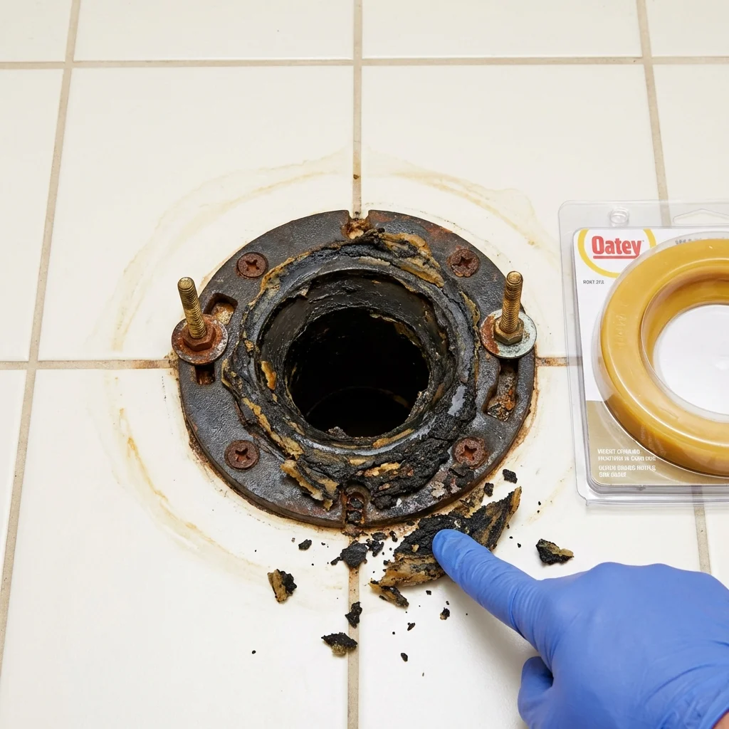 Failed wax ring showing water seepage at the base of a toilet in a Kill Devil Hills, NC home