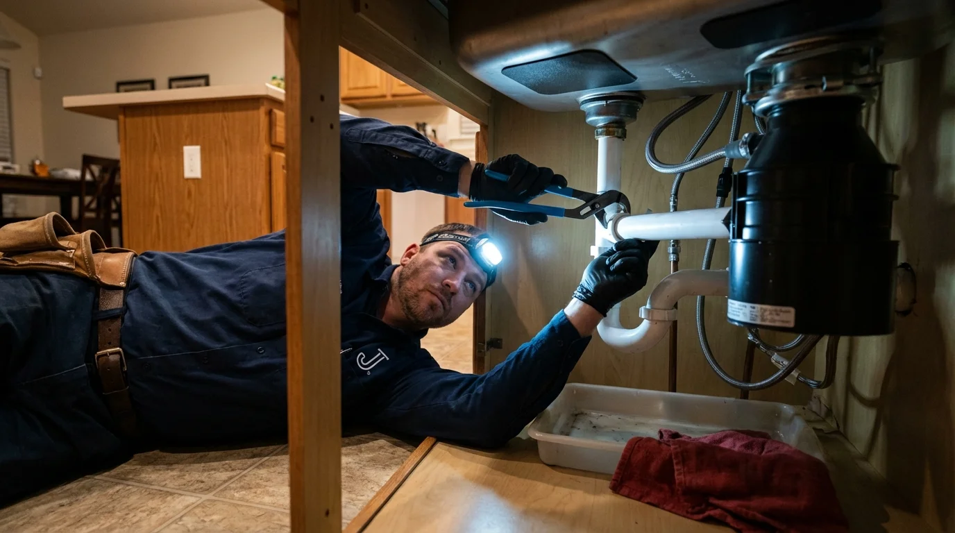 P-trap and supply line connections under a kitchen sink showing a common leak point in Kill Devil Hills, NC